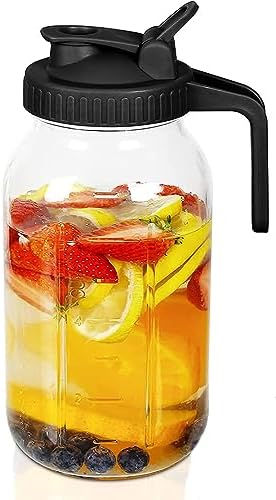 Ougeshiyi Mason Jar Pour Spout Lid, 2 Quart (64 oz / 1.9 Liter) Wide Mouth Glass Pitcher Lid, Heavy Duty Glass Container Leak Proof For Cold brew coffee, Breast Milk, Sun Tea, Juice, Milk, and Drinks