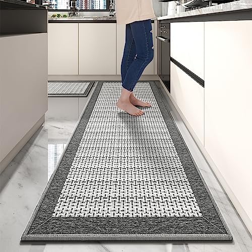 PADOOR Non Slip Kitchen Rugs Sets of 2 - Extra Large 2.5'x6' + 20"x32" Runner Rugs for Kitchen Floor Non Skid Washable, Absorbent Kitchen Mat for in Front of Sink 2 Piece Grey