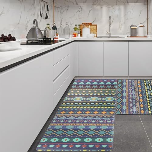 PCSWEET HOME Boho Anti-Fatigue Kitchen Mat Boho Kitchen Rugs Set of 2 Non-Slip Kitchen Floor Mats Cushioned Waterproof Kitchen Mat Comfort Standing Mat for Kitchen, Office, Sink(17.3"x30"+17.3"x47")