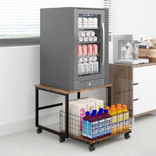 PUNCIA Mobile Mini Fridge Stand with Large Capicity Storage Portable Refrigerator Table with 4 Lockable Wheels Appliance Platform Table with Drawer Basket Rolling Fridge Cart for Home