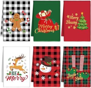 Peryiter 6 Pcs Christmas Kitchen Towels Buffalo Plaid Christmas Dish Towels Tree Snowman Deer Tea Towels for Kitchen Christmas Hand Towels Dishcloths for Holiday Farmhouse Decoration Gifts, 16 x 24''