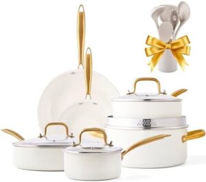 Pots and Pans Set Nonstick - Kitchen Cookware Sets Granite Non Toxic Cookware Set With Dutch Oven, Frying Pan, Saucepan, Sauté Pan, Cooking Utensils Set, Gold Pots and Pans for Cooking Set Gifts