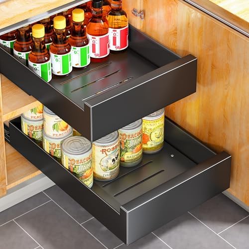 Pull Out Cabinet Organizer Fixed With Adhesive Nano Film,Heavy Duty Storage and Organization Slide Out Pantry Shelves Sliding Drawer Pantry Shelf for Kitchen,Living Room,Home, 11.8"W x16.9"D x 3.1"H