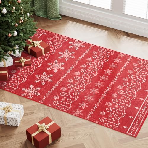 PureCozy Christmas Rug 2x3 Entryway Indoor Red Area Rug Washable Carpet Xmas Decor Accent Area Rug Bedroom Door Mat Holiday Throw Rug Non Slip Low Pile Soft Rug Winter Floor Mat Office Dining Room