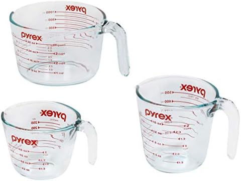 Pyrex 3 Piece Glass Measuring Cup Set, Includes 1-Cup, 2-Cup, and 4-Cup Tempered Glass Liquid Measuring Cups, Dishwasher, Freezer, Microwave, and Preheated Oven Safe, Essential Kitchen Tools