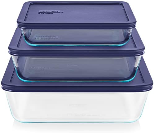 Pyrex Simply Store 6-Pc Glass Food Storage Container Set with Lids, 3-Cup, 6-Cup, & 11-Cup Rectangular Meal Prep Containers with Lid, BPA-Free Lid, Dishwasher, Microwave and Freezer Safe