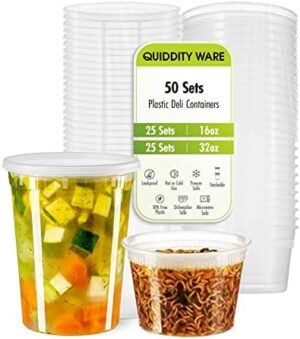 QUIDDITY WARE Deli Containers with Lids Leakproof - 50 Pack BPA-Free Plastic Microwaveable Clear Food Storage Container Premium Heavy-Duty Quality, Freezer & Dishwasher Safe (50 Set Combo).