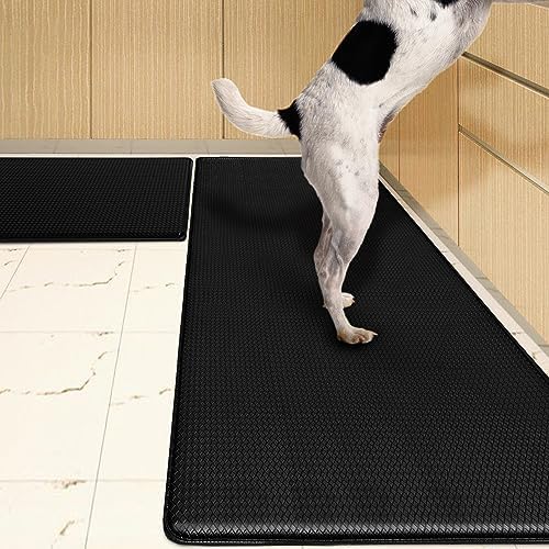 QUILTINA Black Kitchen Mat Anti-Fatigue Cushioned Rug Set (2 PCS), Waterproof Non-Slip & Stain Resistant, 0.4'' Thick PVC Ergonomic Comfort Foam Rugs for Floor Home, Sink, Laundry, 47''x17.5''