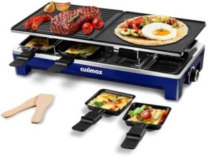 Raclette Table Grill, CUSIMAX Indoor Grill, 1500W Raclette Grill, Korean BBQ Grill with 2 Reversible 2 in 1 Non-stick Grill & Griddle Plates, Cheese Raclette with 8 Paddles & Shovels, Blue New Model