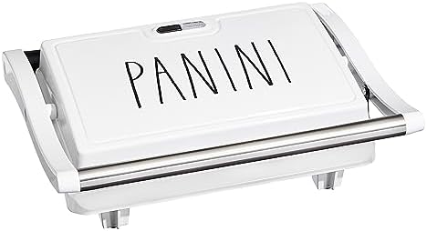 Rae Dunn Panini Maker - 750 Watt 2-Slice Press Grill with Indicator Lights | Opens 180 Degrees | Double Sided Heating | Non-stick Cooking | Cool Touch Handle | Easy to Clean, Cream