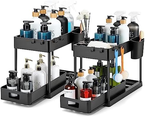 Ravinte 2 Pack Pull Out Under Sink Organizer 2 Tier Multi Purpose  For Bathroom Kitchen Sink Storage Organizer With Hook & Hanging Cup Matte Black Sliding Cabinet Organizer