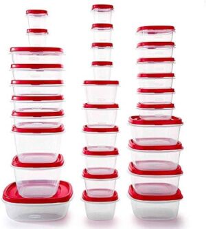 Rubbermaid 60-Piece Food Storage Containers with Lids, Salad Dressing and Condiment Containers, and Steam Vents, Microwave and Dishwasher Safe, Red