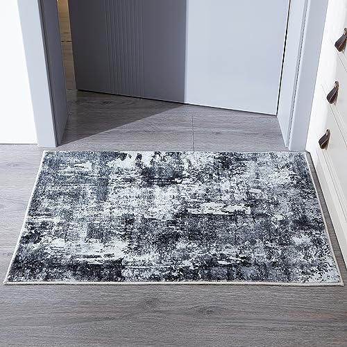 Rugcomf 2x3 Rug Washable Boho Rug Soft Small Area Rug Abstract Pattern Non-Slip Non-Shedding Faux Wool Vintage Rug for Door Mat, Kitchen, Floor, Entryway, Powder Room, Grey and Black