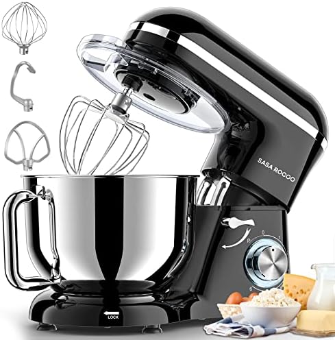 SASA ROCOO Stand Mixer 660W 6+P Speed Tilt-Head Electric Kitchen Mixer with 7.5 Qt Stainless Steel Bowl, Beater, Dough Hook, Whisk, Beater for Baking, Bagel, Cake, Pizza，Dishwasher Safe (black)