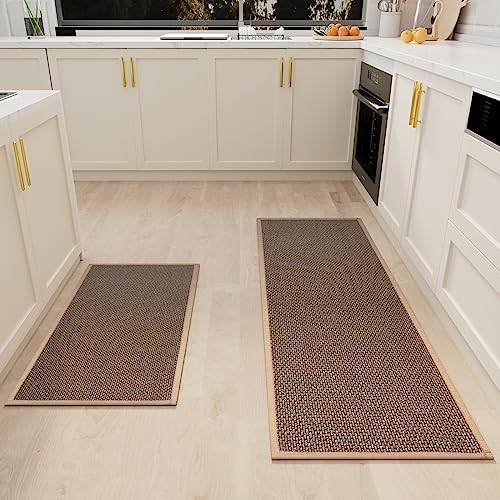 SUMLANS Kitchen Mat Set of 2 PCS, Rubber Backing Cushioned Non Slip Kitchen Rugs for Floor, Absorbent Runner Comfort Standing Mats Washable for Kitchen, Office, Home, 17.3"x47"+17.3"x30" (Brown)