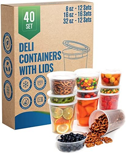 SafeWare Deli Plastic Food Storage Containers with Airtight Lids [ 12Sets-8oz | 20Sets-16oz | 12Sets-32oz] - Great for Slime, Microwave | Dishwasher | Freezer Safe | Leakproof | (40 Mix Sets)