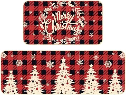 Sawowkuya Merry Christmas Buffalo Plaid Kitchen Rug Set of 2,17x29 17x47 Inches Red Black Plaid Waterproof Non-Slip Absorbent Christmas Kitchen Mats for Home Kitchen Door Bathroom