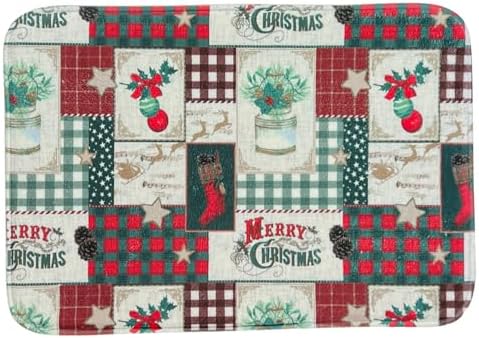 Serafina Home Luxury Holiday Christmas Patch Printed Foam Memory Floor Mat Rug with Merry Christmas Holly Snow Globe Accents Kitchen Foyer Office Entry Way