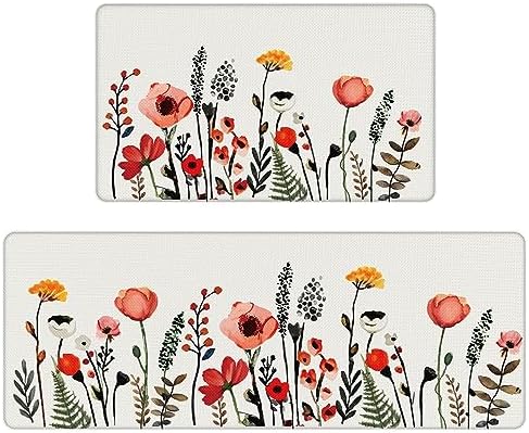 Serwrsw Colorful Herb Flower Kitchen Rugs Sets of 2, Bright Multi Colored Floral Kitchen Mat for Floor 2 Piece, Non Slip, 17"x47"+17"x29", White