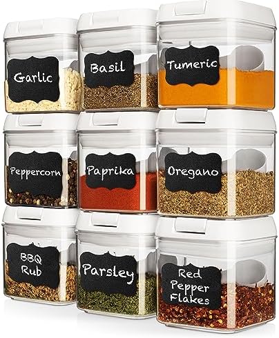 Shazo Airtight 9 Pc Mini Container Set + 9 Spoons, Labels & Marker - Durable Clear Plastic Food Storage Containers with Lids - Kitchen Cabinet Pantry Containers for Spices, Herbs, Coffee, Tea WHITE