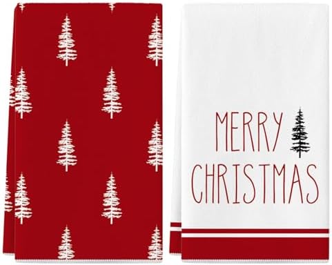 Siilues Christmas Kitchen Towels Set of 2, 18x26 Inch Merry Christmas Dish Towels White Red Christmas Decor Hand Towels Seasonal Winter Holiday Christmas Tree Decorations for Home Drying Dishcloth