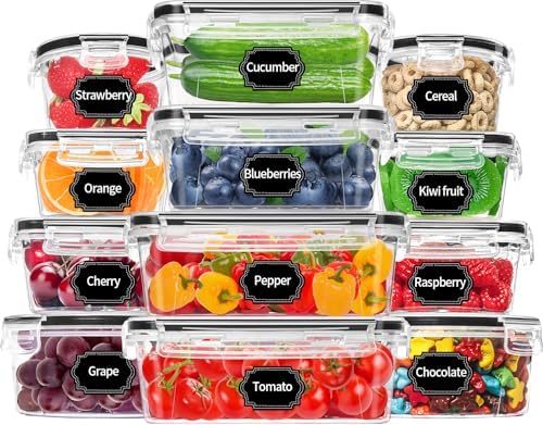 Skroam 12 Pack Airtight Food Storage Containers with Lids (6 Plastic Food Containers+6 Lids), BPA Free Kitchen Storage Containers for Kitchen & Pantry Organizer Storage, Fridge Containers, 20 Labels