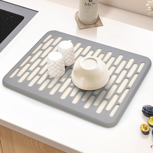 Stone Dish Drying Mats for Kitchen Counter, Diatomaceous Earth Mat Wrapped in Silicone Webbing to Protect Dishes, Ultra Absorbent, Quick Drying Non-Slip, Heat Resistant Home Dish Mats (16x12inch)