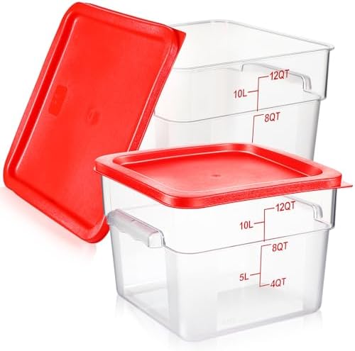 Suclain 2 Pieces Square Food Storage Containers Polycarbonate Clear Bucket Food Container with Red Lid Commercial Food Storage with Red Graduations for Commercial Kitchen Dough Marinating Meat (12 qt)