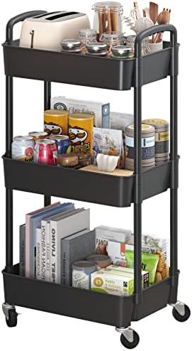 Sywhitta 3-Tier Plastic Rolling Utility Cart with Handle, Multi-Functional Storage Trolley for Office, Living Room, Kitchen, Movable Storage Organizer with Wheels, Black