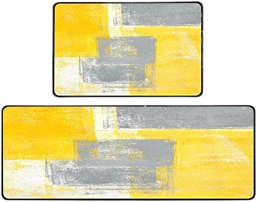 TOMWISH Kitchen Rugs and Mats Non Skid Washable Yellow Kitchen Rug Grey and Yellow Abstract Art Painting Kitchen Rugs Sets 2 Piece Floor Mats for Home Kitchen 17"X48"+17"X24"