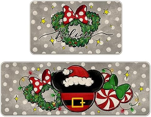 Tailus Christmas Believe Santa Mouse Kitchen Rugs Set of 2, Xmas Wreath Peppermint Candy Kitchen Mats Decor, Polka Dot Winter Holiday Door Mat Home Decorations -17x29 and 17x47 Inch