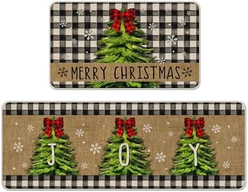 Tailus Merry Christmas Tree Kitchen Rugs Set of 2, Xmas Pine Trees Buffalo Plaid Check Bow Farmhouse Kitchen Mats Decor, Joy Winter Holiday Party Floor Door Mat Home Decorations -17x29 and 17x47 Inch