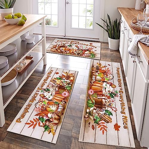 Topotdor Fall Kitchen Rugs Sets of 3 Farmhouse Kitchen Rugs and Mats Non Skid Washable Kitchen Runner Rug Autumn Harvest Kitchen Mats for Floor Thanksgiving Hallways Kitchen Laundry Room Decor