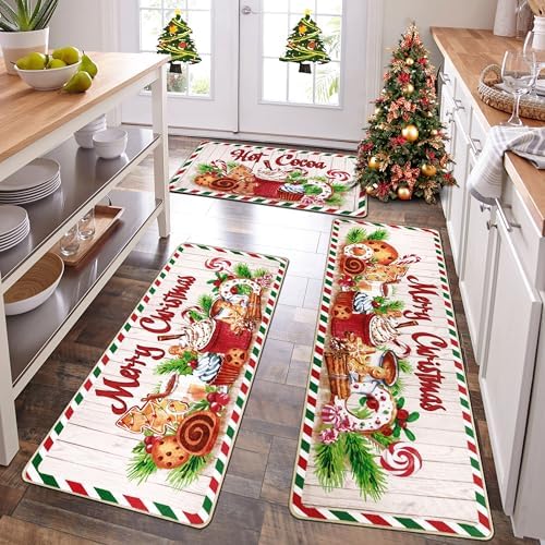 Topotdor Winter Gingerbread Kitchen Mat Set of 3,Merry Christmas Kitchen Rugs Non Slip Machine Washable Durable Low Pile Holiday Decorative Carpet