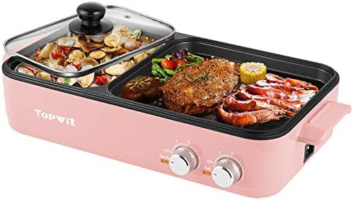 Topwit Hot Pot Electric with Grill, 2 in 1 Indoor Non-stick Hot Pot with Grill for Steaks, Shabu Shabu, Noodles, Simmer and Fry, Korean BBQ Grill, Independent Dual Temperature Control, Pink