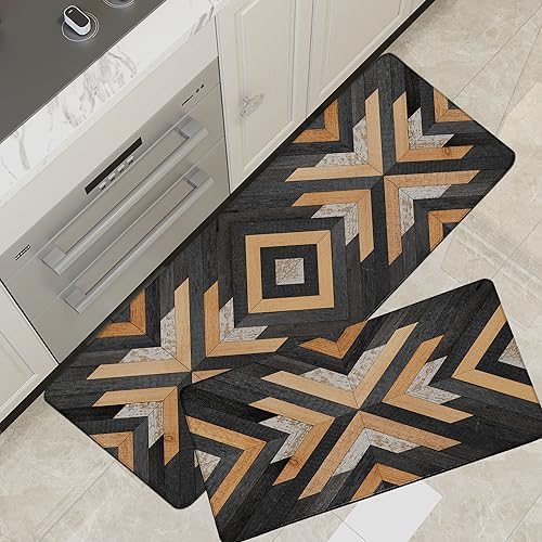 Tyrot Boho Aztec Kitchen Rugs Mats Set of 2 Anti Fatigue Cushioned Kitchen Mats for Floor Rustic Western Kitchen Rugs Farmhouse Style Non Slip Waterproof Comfort Standing Mat for Sink Laundry, Black