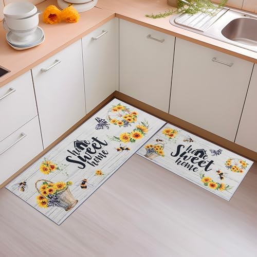 UBTKEY Sunflower Kitchen Rugs Sets of 2, Non Slip Washable Sunflower Rugs and Mats for Kitchen Floor, Sunflower Kitchen Decor, 17"x30"+17"x47" (Sunflower)