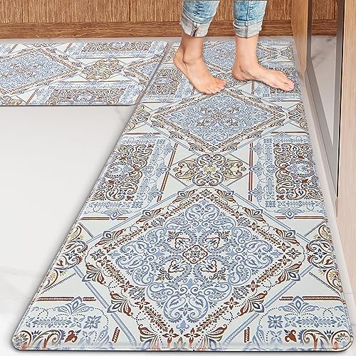 UINI Boho Kitchen Rugs [2 PCS] Cushioned Anti Fatigue Kitchen Mat Rugs Set for Laundry, Kitchen Floor, Non Slip Bohemian Kitchen Mats and Rugs with Runner, Waterproof(17.3"x29.5"+17.3"x47")