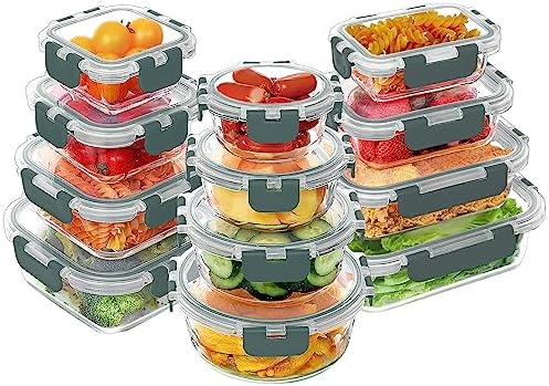 VERONES 24 Pieces Glass Food Storage Containers Set, Airtight Glass Lunch Containers, Glass Meal Prep Containers with Lids,BPA-Free, for Microwave, Oven, Freezer & Dishwasher Friendly,Grey