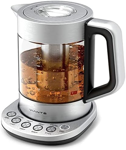 Vianté Hot Tea Maker Electric Glass Kettle with tea infuser and temperature control. Automatic Shut off. Brewing Programs for your favorite teas and Coffee.