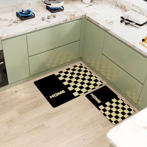 Vidass Kitchen Mat Set [2 PCS] Cushioned Anti-Fatigue Kitchen Rugs, Thin Comfort Ergonomic Kitchen Rug for Kitchen, Office, Sink, Floor, Laundry, 24"x16"+24"x36", Black Yellow