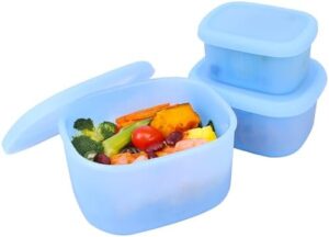 Viotiin Silicone Food Storage Containers with Airtight Lids, Set of 3, 8oz + 16oz + 24oz, Nesting Reusable Containers for Lunch, Leftovers, Fruits, Dishwasher & Microwave & Freezer Safe, Blue