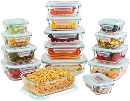 Vtopmart 15 Pack Glass Food Storage Containers, Meal Prep Containers, Airtight Glass Bento Boxes with Leak Proof Locking Lids, for Microwave, Oven, Freezer and Dishwasher