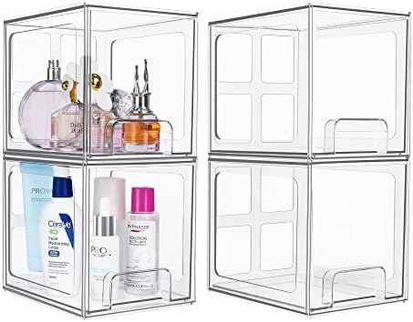 Vtopmart 4 Pack Stackable Makeup Organizer Storage Drawers, 6.6''Tall Acrylic Bathroom Organizers，Clear Plastic Storage Bins For Vanity, Undersink, Kitchen Cabinets, Pantry Organization and Storage