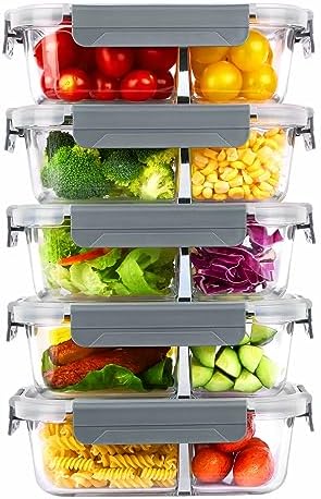 Vtopmart 5Pack 33oz Glass Food Storage Containers with Lids, Meal Prep Containers 2 Compartments, Airtight Lunch Containers Bento Boxes with Snap Locking Lids for Microwave, Oven, Freezer