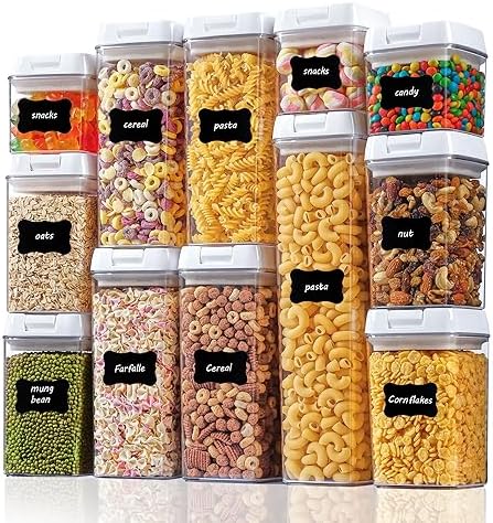 Vtopmart Airtight Food Storage Containers, 12 Pieces BPA Free Kitchen Pantry Plastic Containers with Easy Lock Lids for Cereal, Spaghettie Organizer and Storage, Include 24 Labels