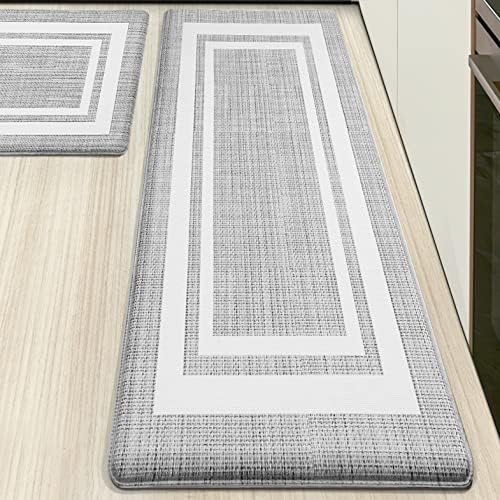 WEZVIX Anti Fatigue Kitchen Floor Mat 2 PCS, 1/2 Inch Thick Comfort Cushioned Standing Mat Set, Non Skid Kitchen Rugs and Mats Waterproof PVC Memory Kitchen Mats for Floor Sink Office Laundry, White