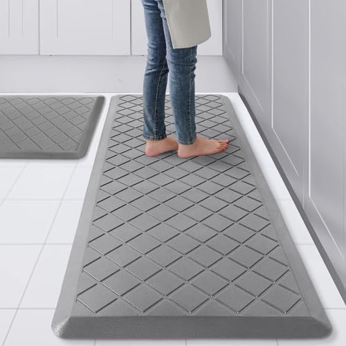 WEZVIX Cushioned Kitchen Mat 2 PCS, Anti Fatigue Kitchen Rugs, Heavy Duty Kitchen Rugs and Mats Non-Skid, Ergonomic Comfort Foam Kitchen Floor Mat for Home, Office, Sink, Laundry - Grey