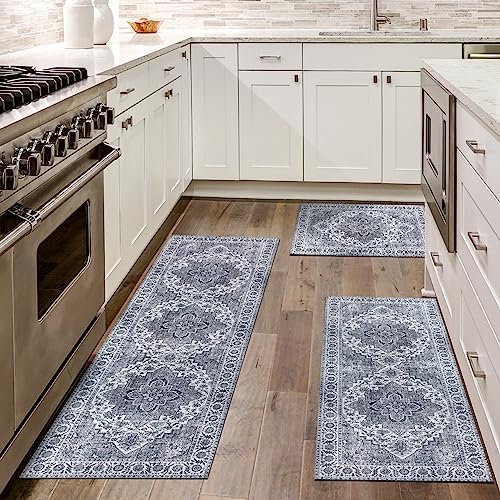 WOBUBU Kitchen Rugs Sets of 3 Washable Kitchen Mats for Floor 3 Piece Kitchen Rug Set Non Slip Kitchen Runner Carpets for Laundry Room Entryway Grey