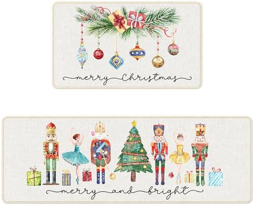 Watercolor Nutcracker Merry Christmas Kitchen Rugs Set of 2 Nutcracker Christmas Decorative Xmas Winter Holiday Party Floor Mat Christmas Decorations for Indoor Outdoor Home Kitchen- 17x28,17x47 Inch